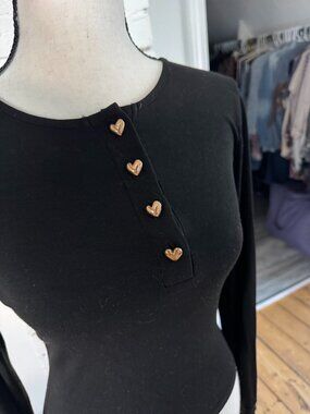 Black Long Sleeve Top with Gold Heart Buttons | Size S